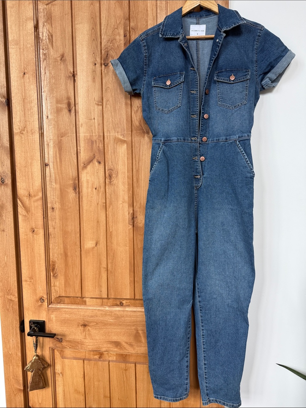 Celebrity Pink Short-Sleeve Denim Jumpsuit in Blue